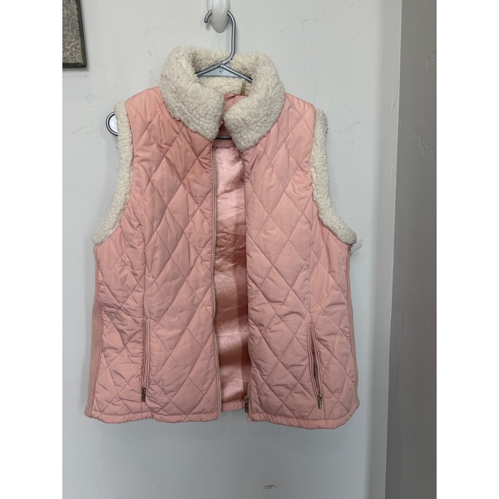 Calvin Klein Pink Quilted Faux Shearling Trim Puffer‎ Vest Womens Small